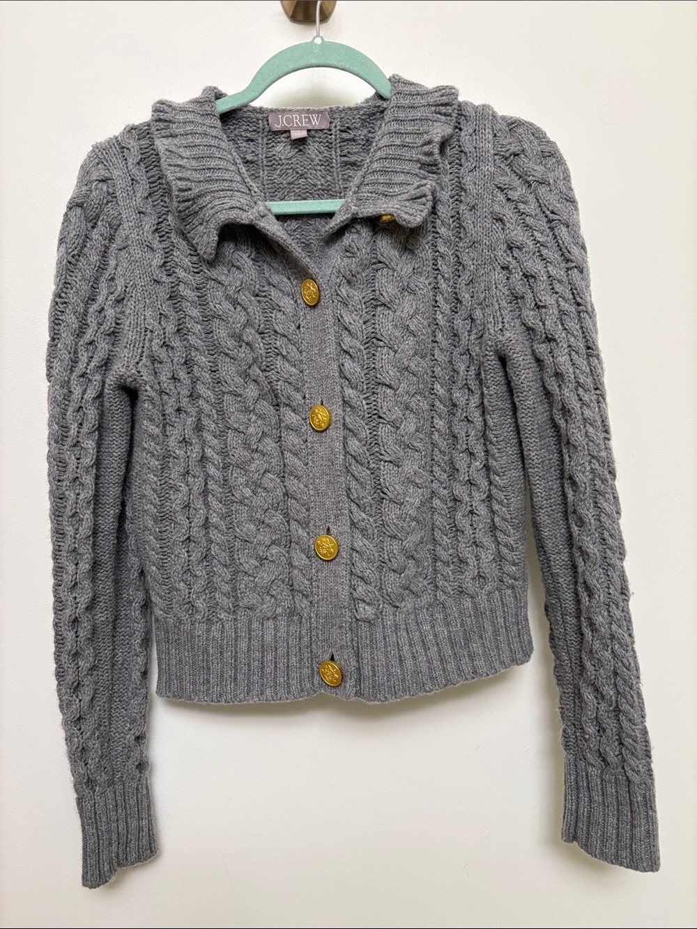 J Crew Gray Cable Knit Cardigan with Gold Button Hardware and Ruffled Collar